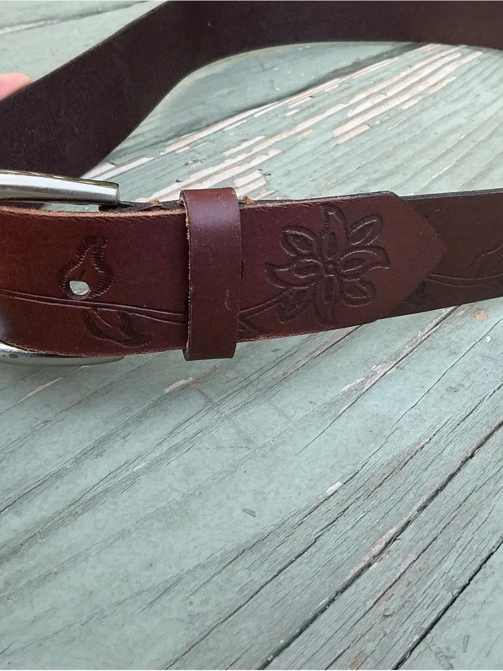 Brown Embossed Leather Belt with Floral Design